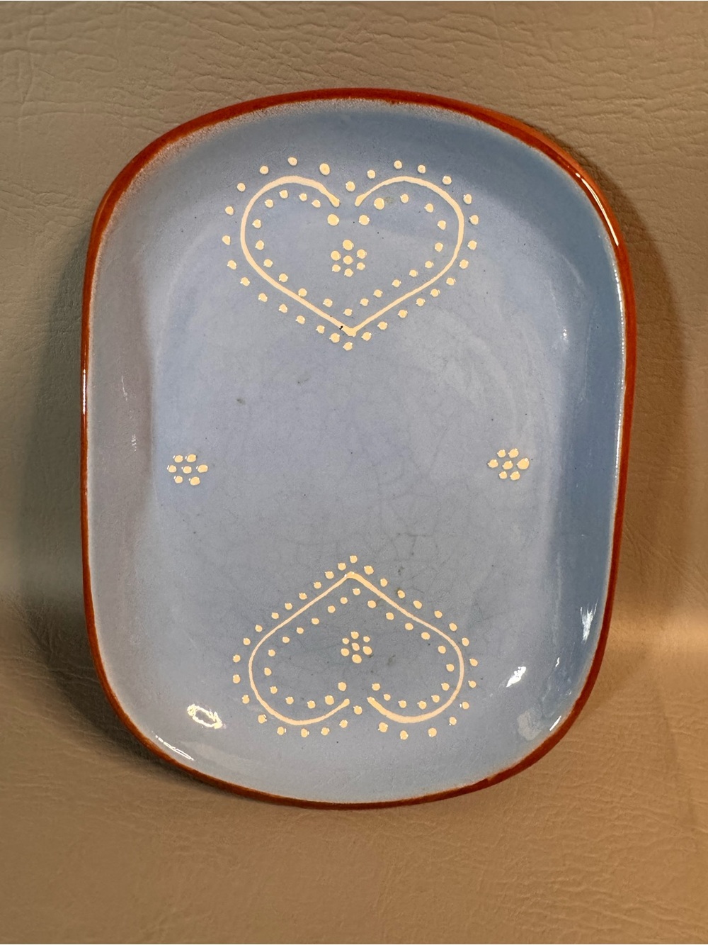 Blue Heart Trinket Pottery Dish Plate Tray Slovakian Folk Art Rectangle 7.5x10.2